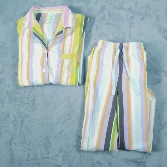 Victorias Secret Pajama Set Womens Large Rainbow Striped Cotton Flannel Y2K Cozy - Picture 1 of 16